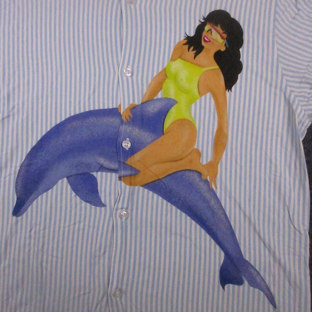 Duvin Shirt Mens Large Blue Stripe Short Sleeve Dolphin Girl Graphic Button Up - Picture 3 of 8